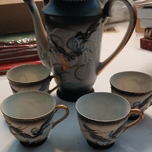 Elegant Blue and Gold Dragon Tea Set